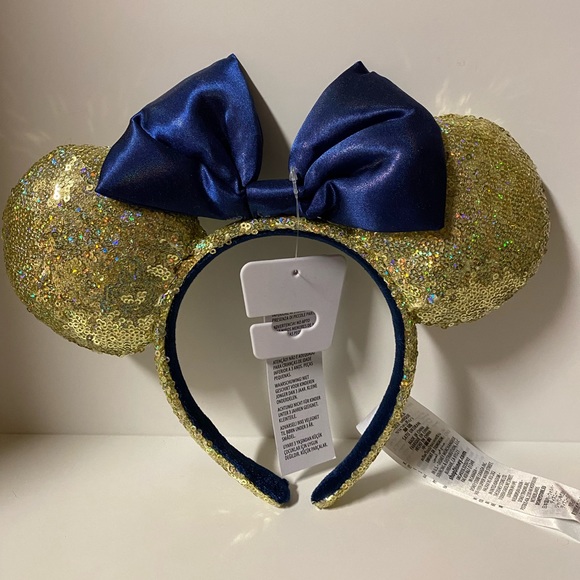 Disney Minnie Ear Headband 50th Anniversary Gold Sequin With EARidescent Blue - Picture 2 of 12